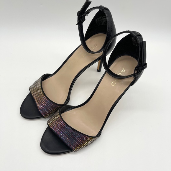 Aldo Women’s Black Ankle Strap Heels Size 6.5M Rhinestone Open Toe Stiletto Sa - Picture 10 of 13